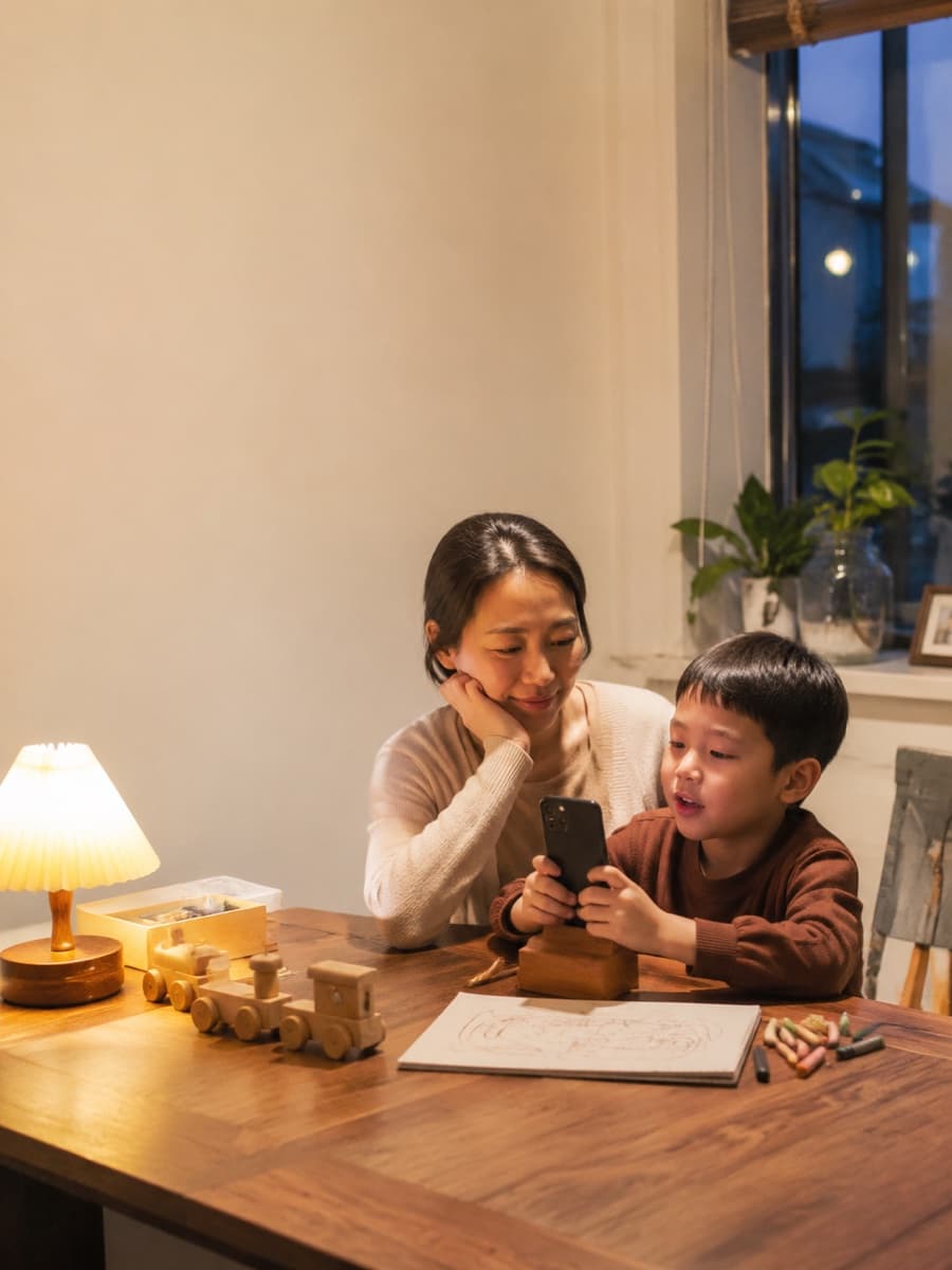 夜晚的家中，妈妈陪孩子用手机录下今天发生的小事