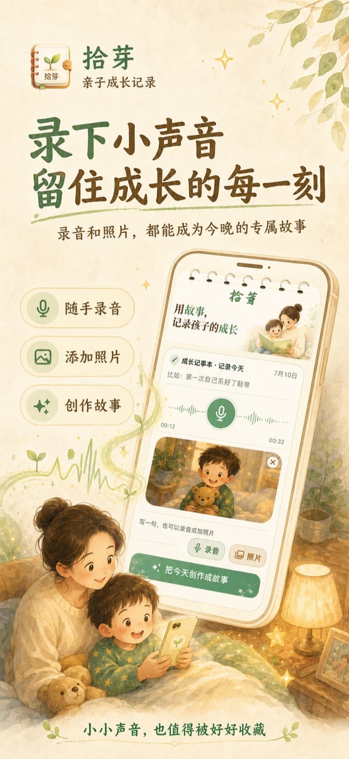 拾芽录音和添加照片功能示意：把孩子的小声音与生活照片一起保存并生成故事