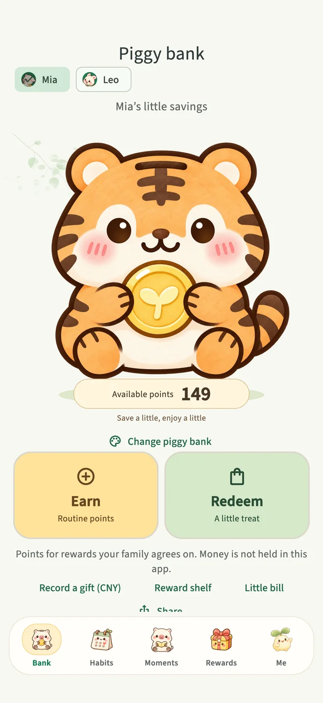 Shiya Piggy Bank app screen with demo data