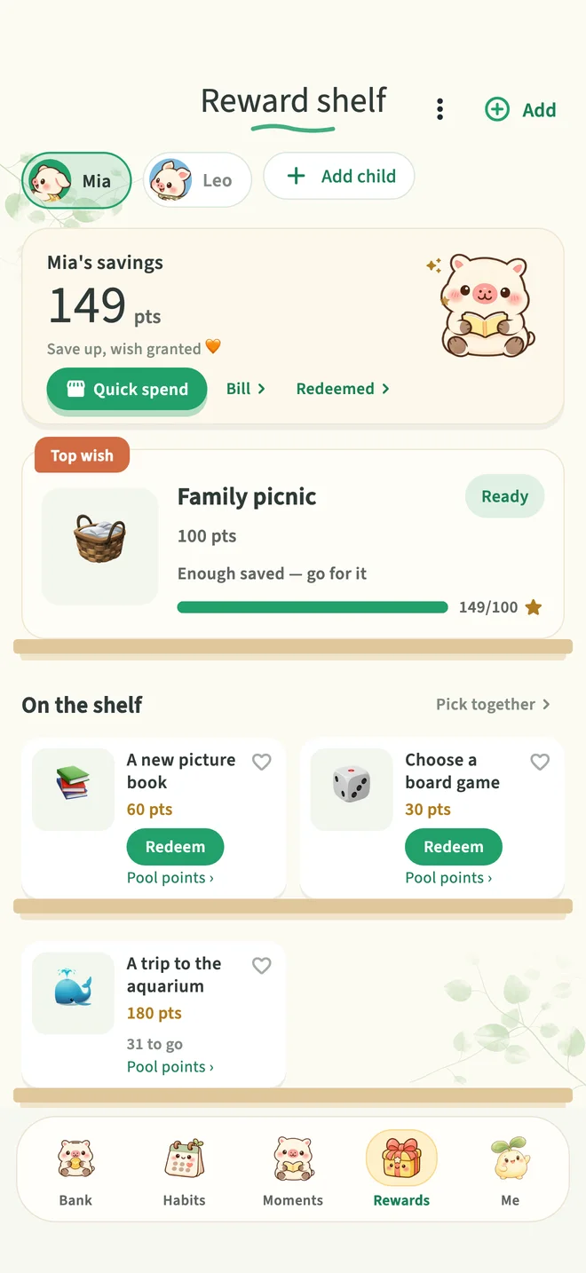 Shiya Rewards app screen with demo data