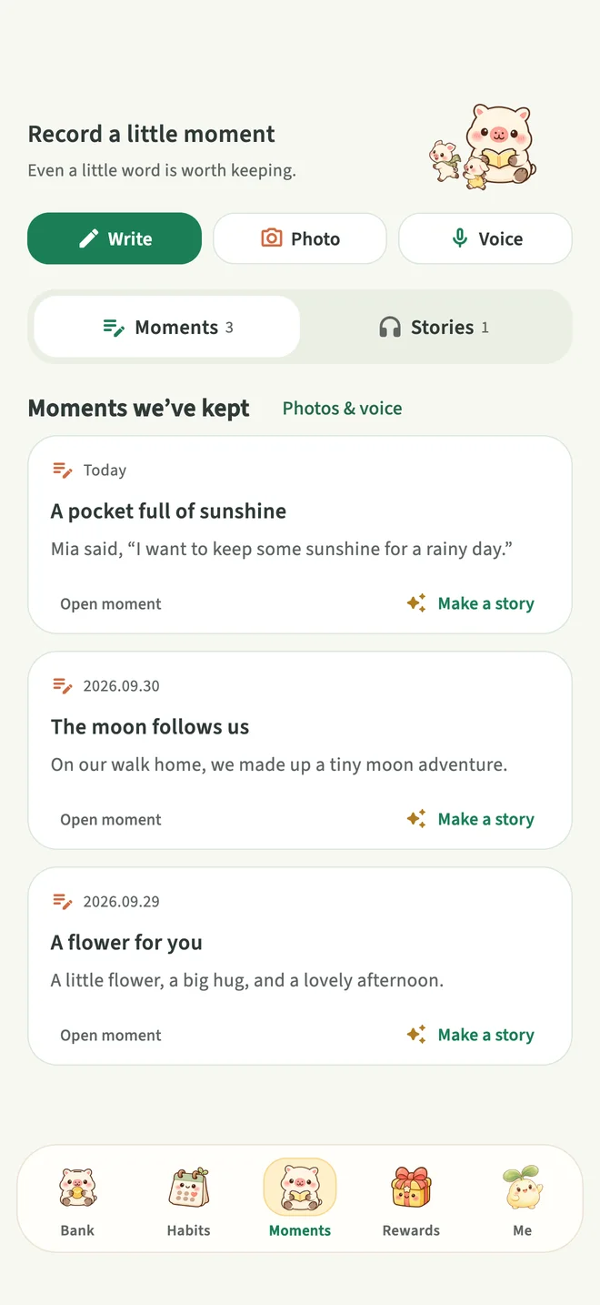 Shiya Moments app screen with demo data